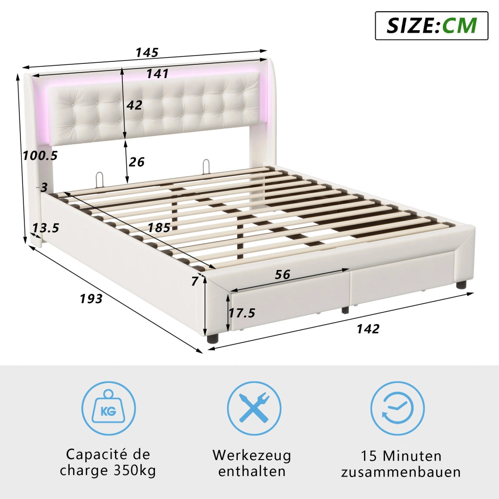 Letto imbottito con cassetto e LED in tessuto beige