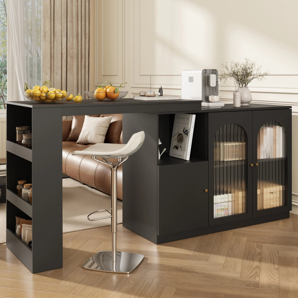 Mobile bar girevole 360° con ante in vetro, 120 x 40 x 97 cm, nero, in MDF, mobile contenitore moderno per cucina e soggiorno