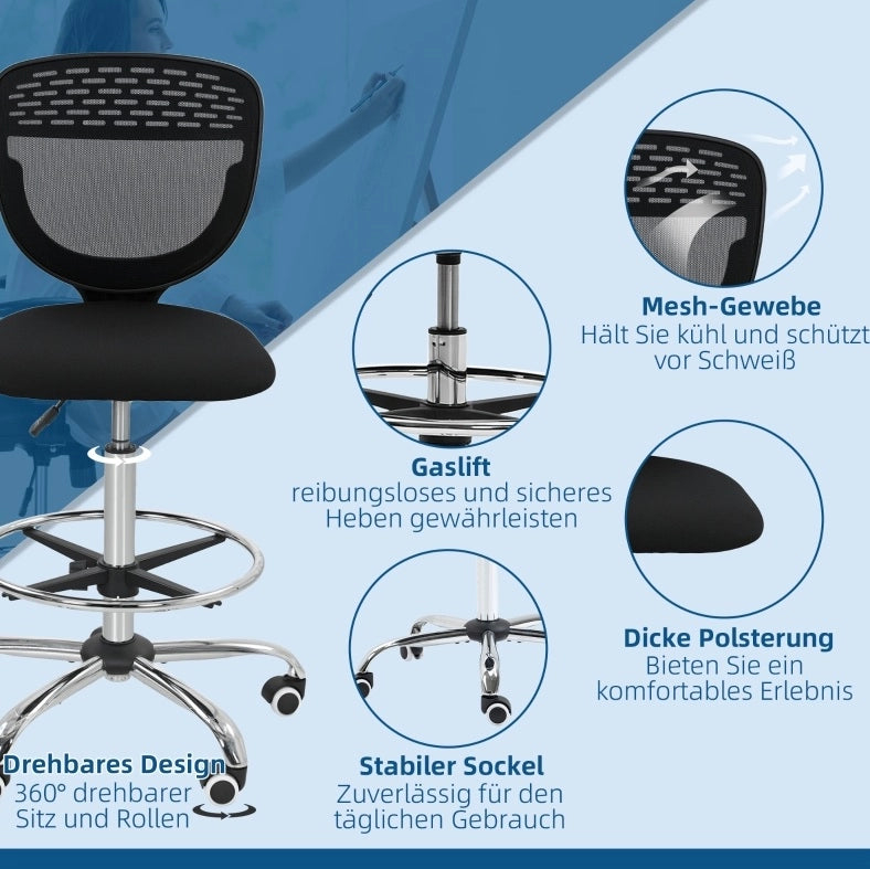 Sedia da ufficio ergonomica nera, regolabile in altezza con schienale a rete e poggiapiedi