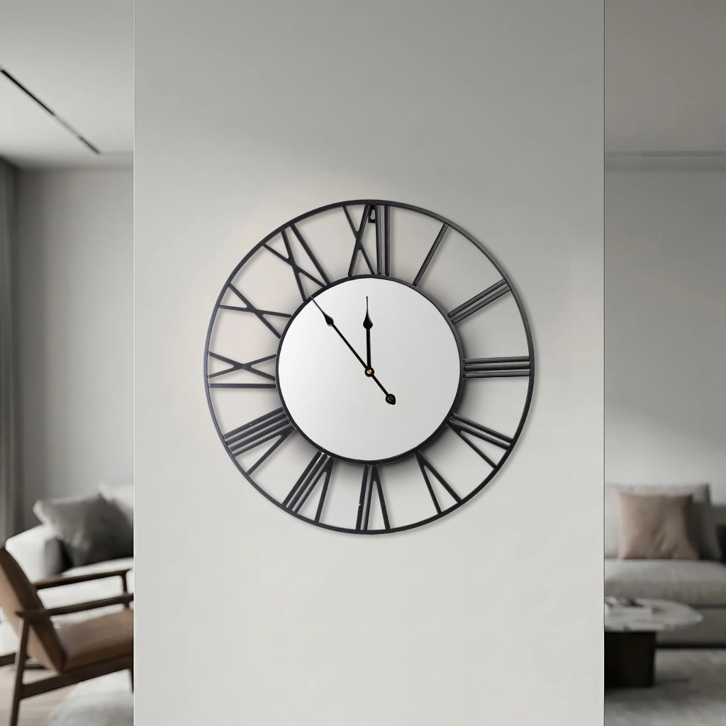 Orologio da Parete Grande 57 cm con Numeri Romani Design Industriale Moderno in Metallo Nero o Oro per Soggiorno Cucina Ufficio e Ingresso Nero