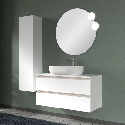Mobile bagno sospeso 100 cm bianco opaco con top e specchio tondo Master
