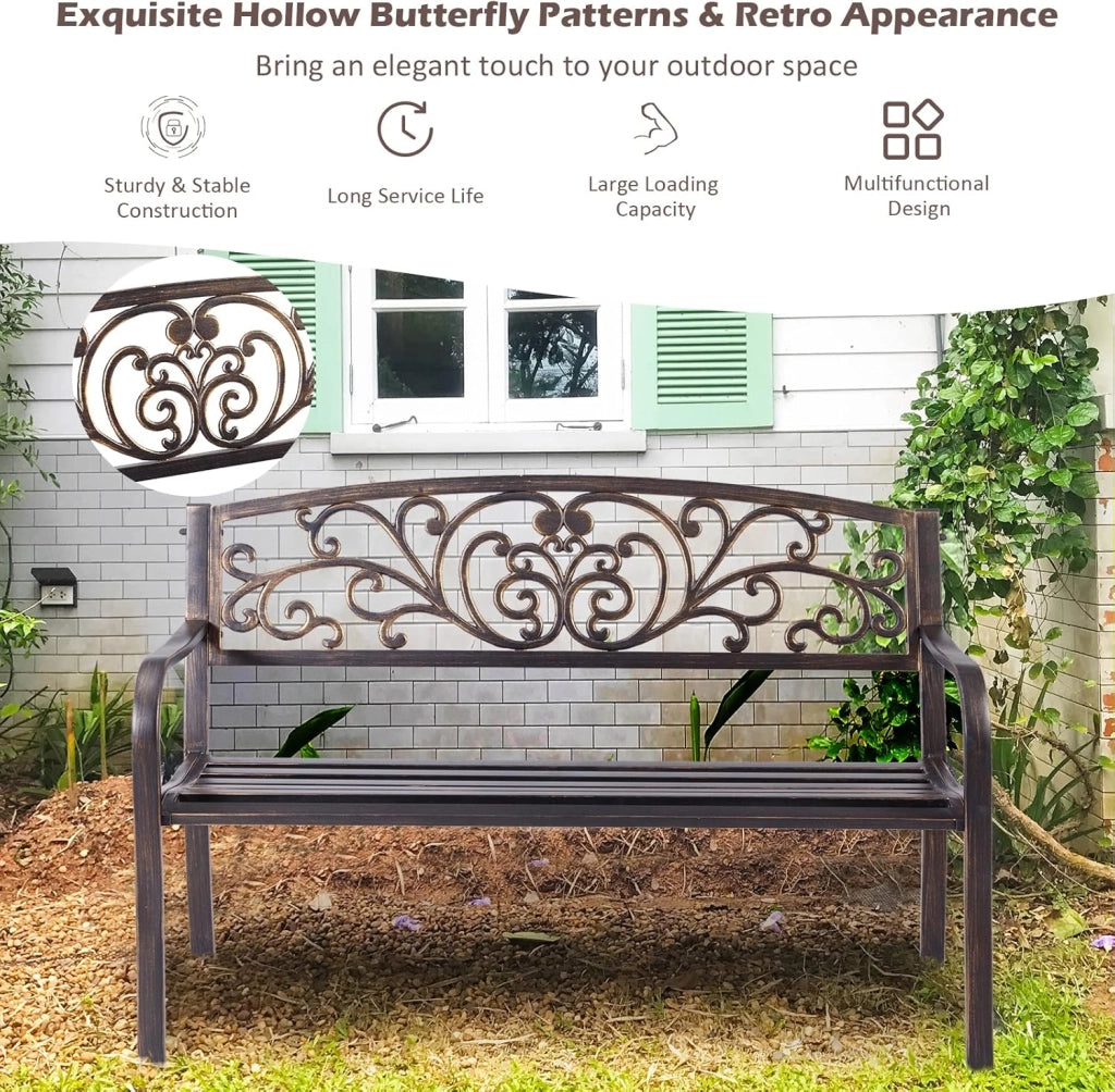 Panchina in Ferro da Giardino a 2 Posti, Panca con Schienale Belle e Braccioli, Panchina Vintage a Doppio Posto per Balcone, Terrazza, 127 x 60 x 82 cm, Bronzo