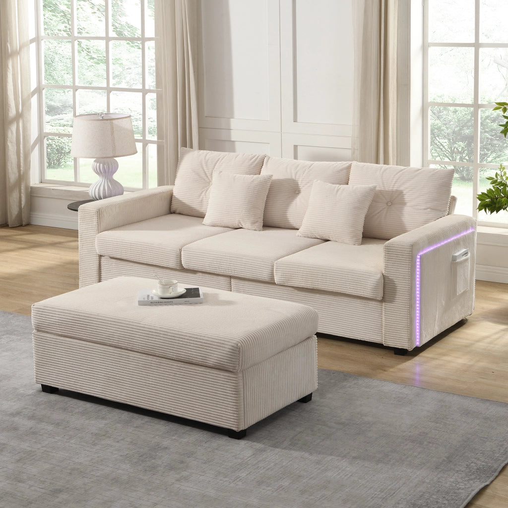 Divano modulare a L 3 posti - con LED e pouf multifunzione - in tessuto cord beige