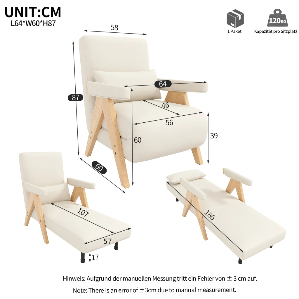 Poltrona letto 3 in 1 con schienale regolabile a 6 posizioni cuscino lombare in lino beige e struttura in metallo
