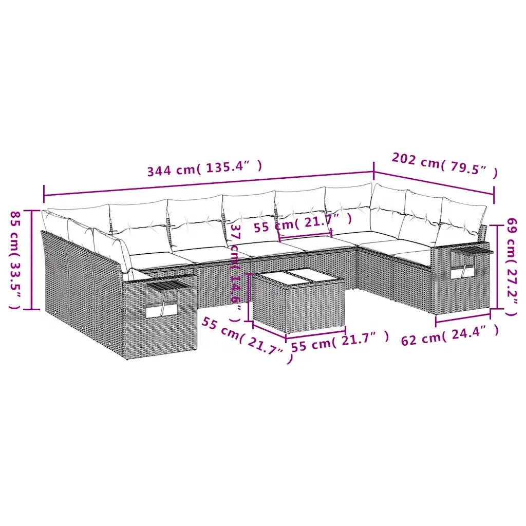Set Divani da Giardino 11 pz con Cuscini Grigio in Polyrattan 3220680