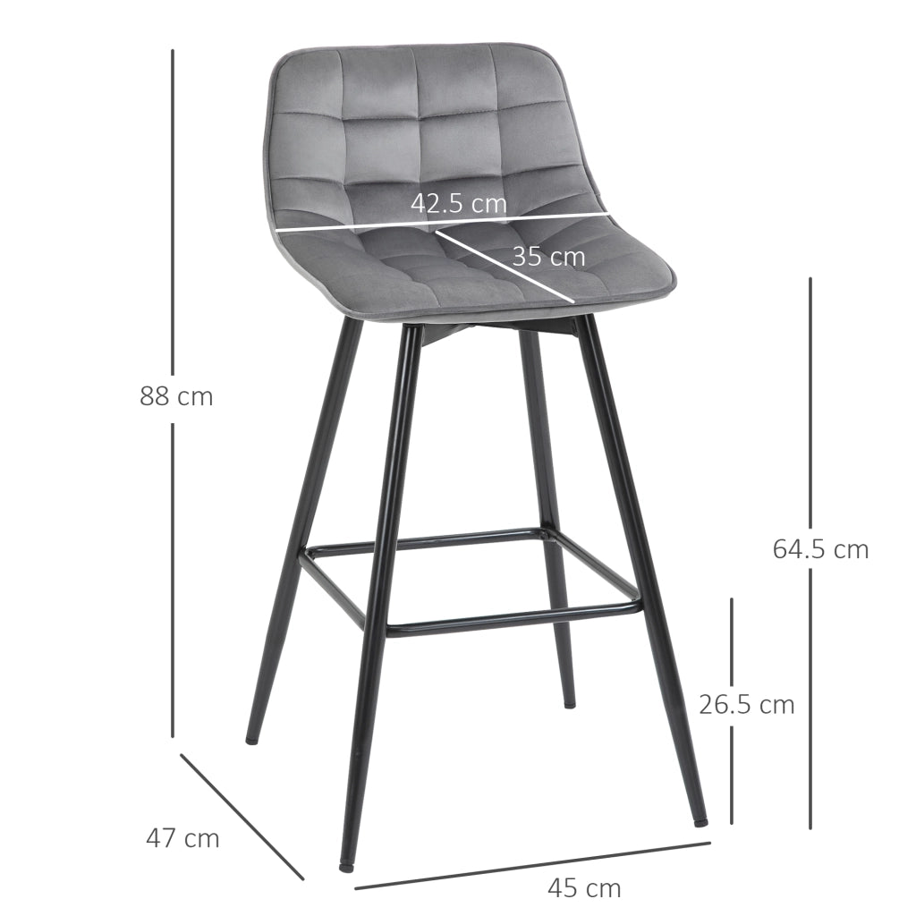 Set 2 Sgabelli Alti in Stile Nordico con Schienale e Poggiapiedi, Sgabelli con Schienale in Tessuto Effetto Velluto e Metallo, 45x47x88 cm, Grigio