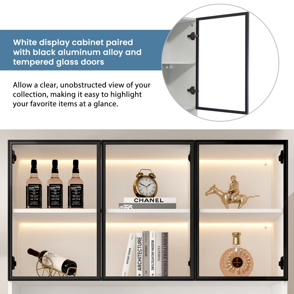 Vetrina con Ante in Vetro e Luci LED ¨C MINIMAL ¨C Bianco/Nero, Libreria Multipiano per Soggiorno Ufficio