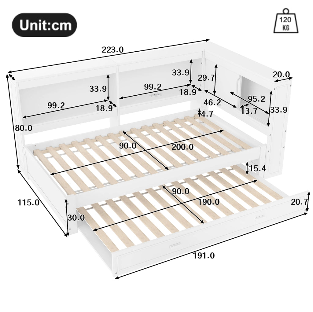 Daybed 90x200 cm con letto estraibile; LED; presa; USB e Type-C; bianco