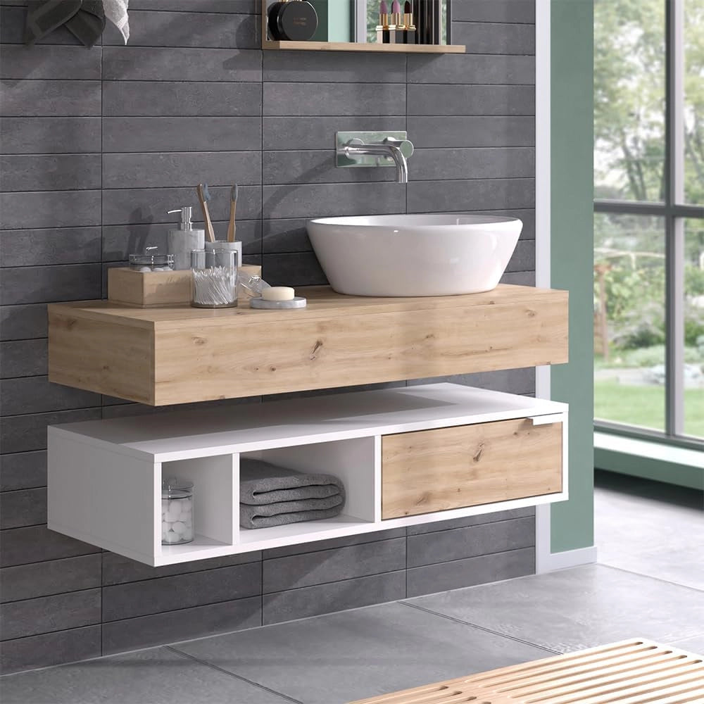 Mobile sottolavabo per bagno Henri, Bianco, 100 x 15 cm con cassetto, per il montaggio sotto il lavandino con ritaglio per sifone