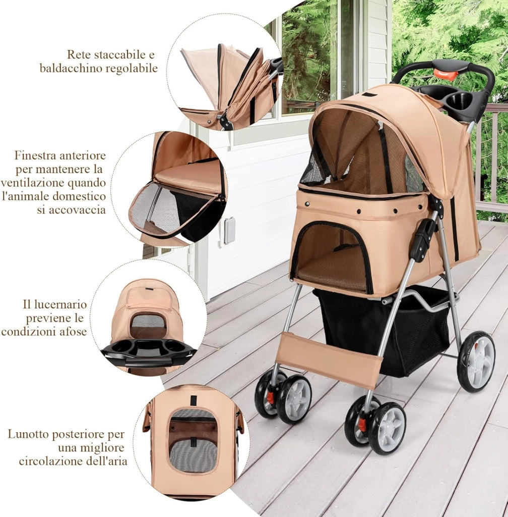 Passeggino per Cani, Carrozzina per Cani Pieghevole Fino a 15 kg, 4 Ruote con Finestra a Rete Porta Bicchiere e Cesto, Passeggino Portatile per Animali Piccola e Media (Beige)