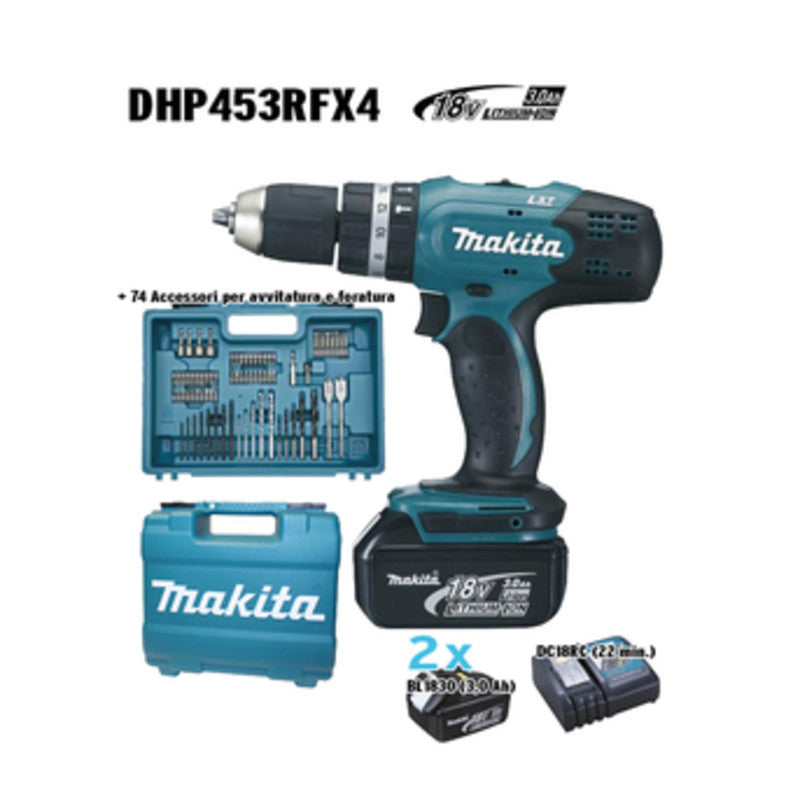 MAKITA TRAPANO C/PERC DHP453RFX4 18V LXT + 74 ACC MAKITA 1 PZ