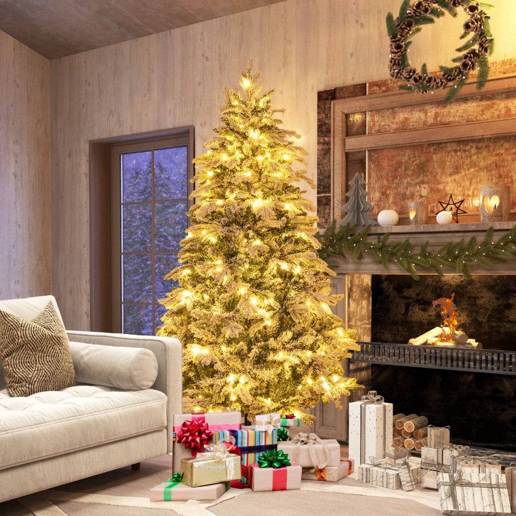 Albero di natale innevato con 260 luci led giunti a cerniera, Albero Natale pre-illuminato 180cm Bianco-Alberi di Natale