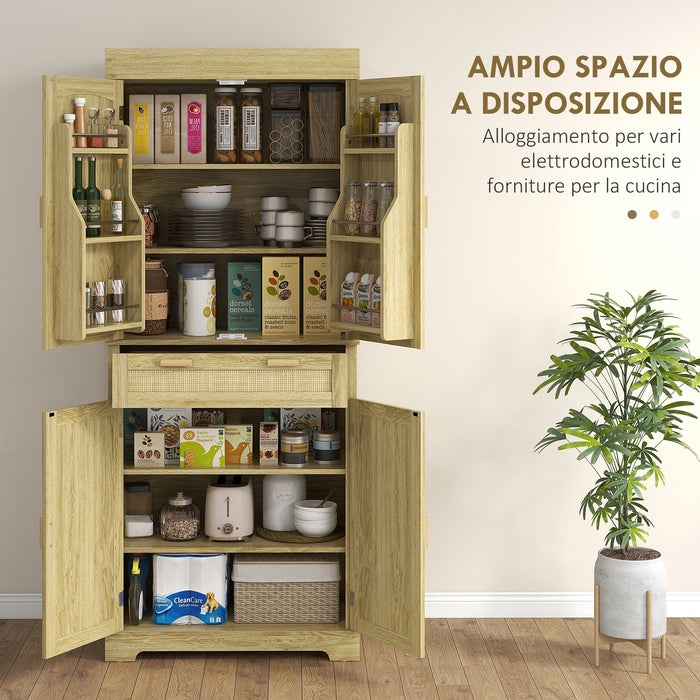 Credenza Cucina Stile Boho 2 Armadietti con Portaspezie e Cassetto 76x40x183 cm Rovere