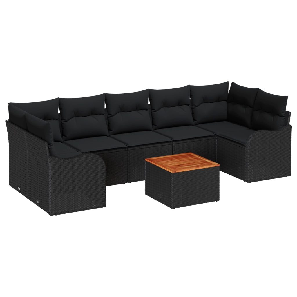 Set di divani da giardino  8 pezzi con cuscini neri in polyrattan e acacia