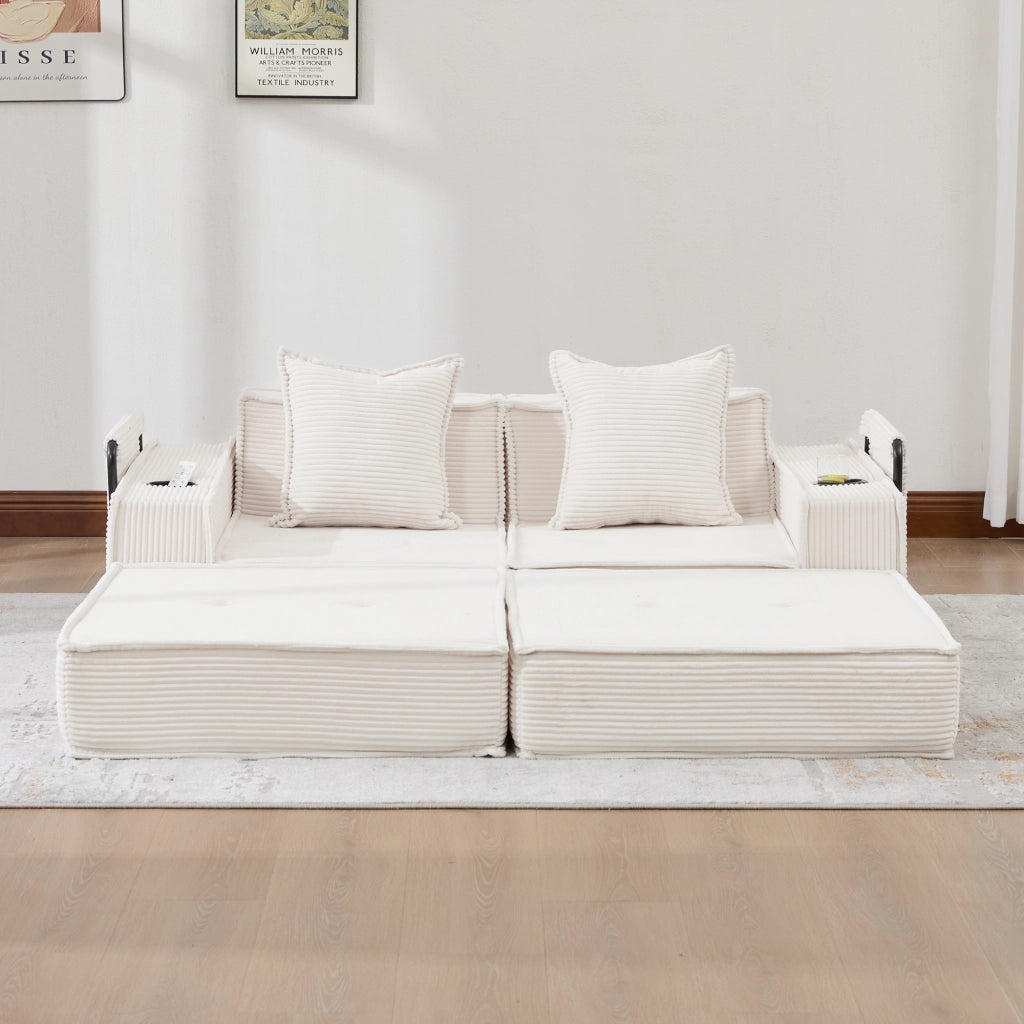 poltrona con pouf modulare con tasche laterali; 2 cuscini; design ergonomico in velluto a coste beige 162 Ã— 78 Ã— 66 cm