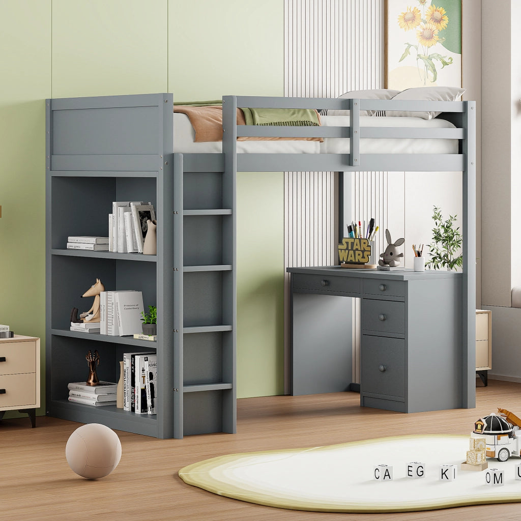 Letto a Soppalco con Scrivania e Contenitore ¨C MINIMAL ¨C Legno Grigio 90x200