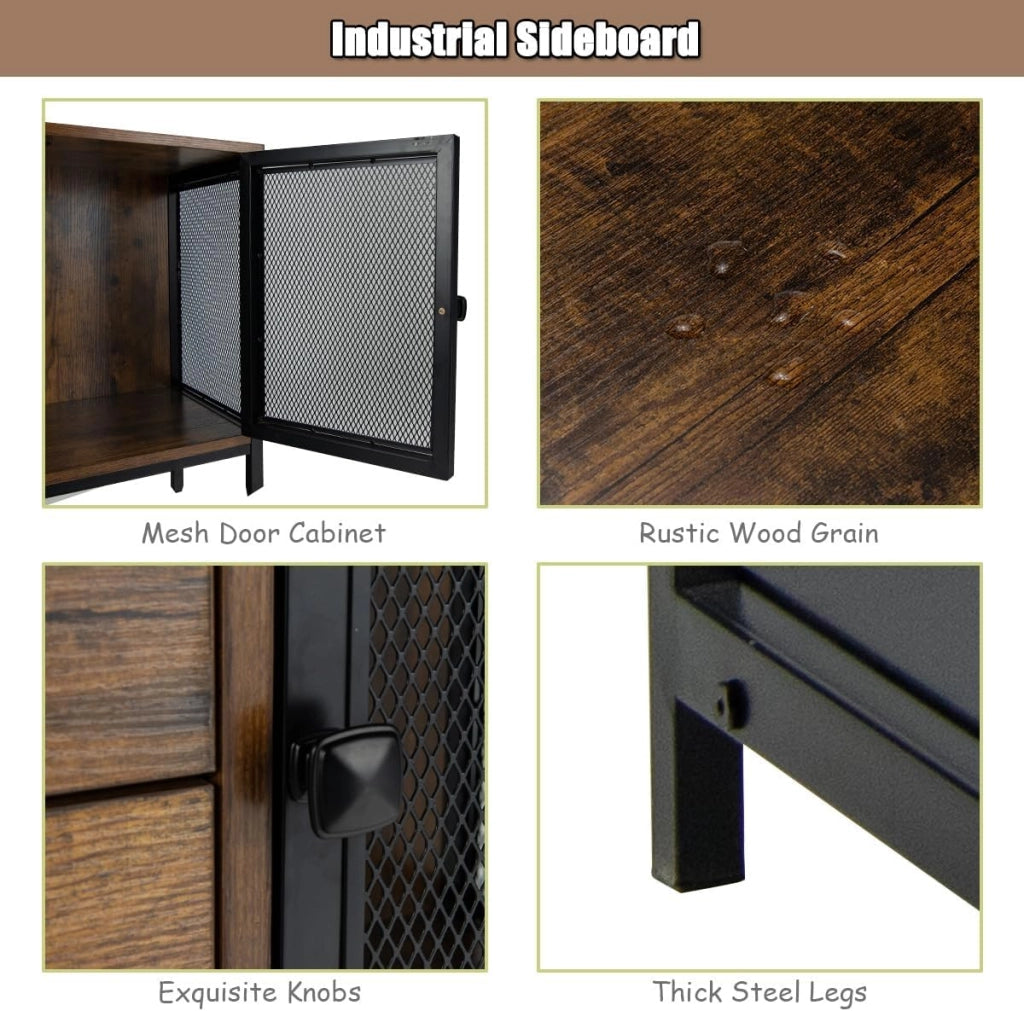 Armadietto Portaoggetti Industriale, Credenza da Cucina con Cassetti, Ante in Rete Metallica e Ripiani, Mobile Portaoggetti per Cucina Soggiorno, Sala da Pranzo, Marrone, 100 x 40 x 78 cm