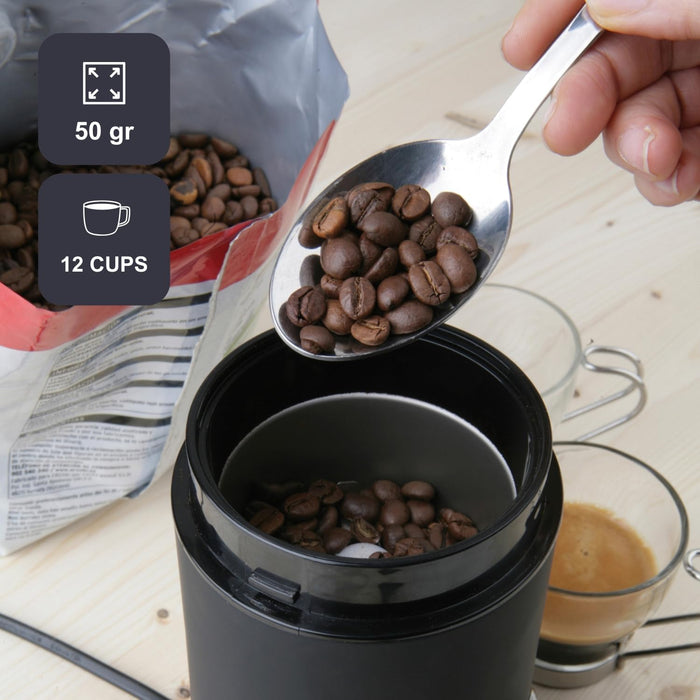 Macinacaffè da 150W elettrico potente Deposito caffè in grani da 50 g. Lame e deposito in acciaio inossidabile. Macinatura Fine. Adatto per tritare caffè e spezie. Avvolgicavo. Nero