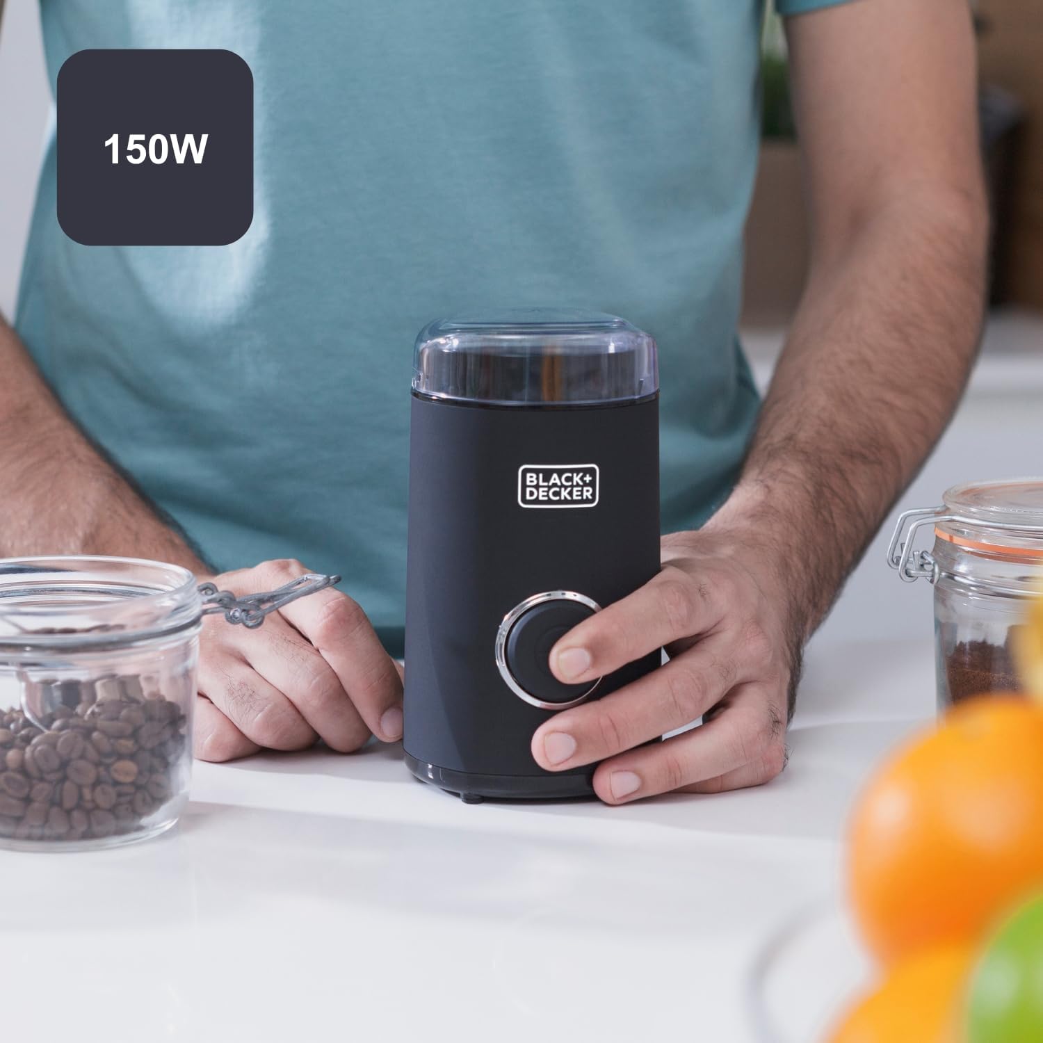 Macinacaffè da 150W elettrico potente Deposito caffè in grani da 50 g. Lame e deposito in acciaio inossidabile. Macinatura Fine. Adatto per tritare caffè e spezie. Avvolgicavo. Nero