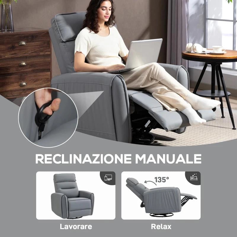 POLTRONA RELAX RECLINABILE MANUALMENTE CON POGGIAPIEDI IN TESSUTO EFFETTO PELLE E BASE GIREVOLE, GRIGIO