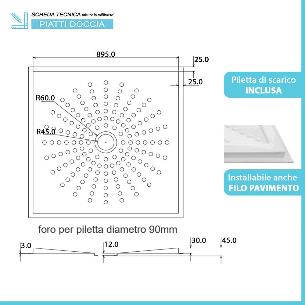 Piatto doccia per disabili 90x90 a filo pavimento in vetroresina con piletta inclusa