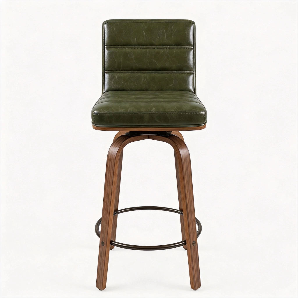 Sgabello da bar in pelle PU con schienale ergonomico e anello poggiapiedi in metallo e legno verde