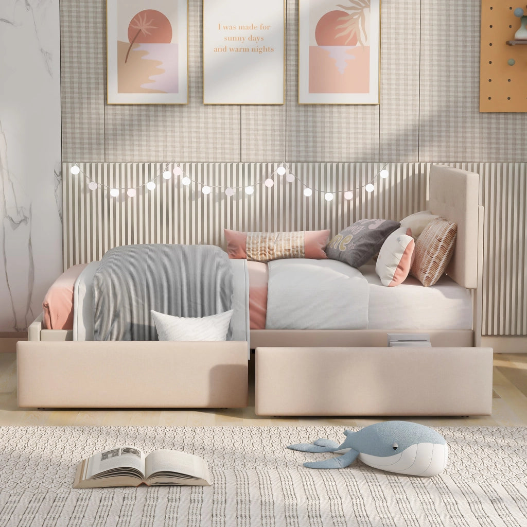 Letto imbottito in velluto con 2 cassetti, 90x200 cm, beige scuro