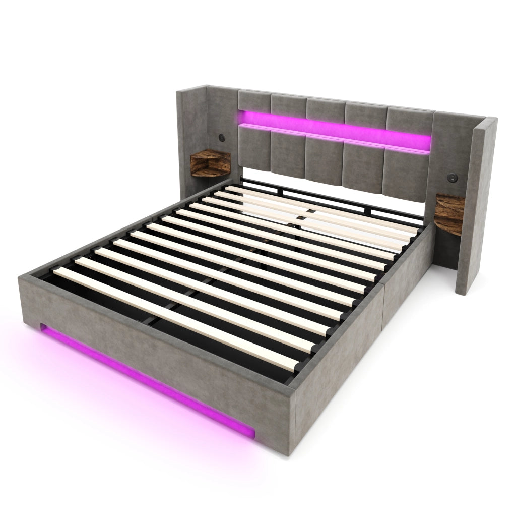 Letto contenitore imbottito ULEVR 160x200 cm con LED, 2 USB e mobili laterali, velluto grigio scuro