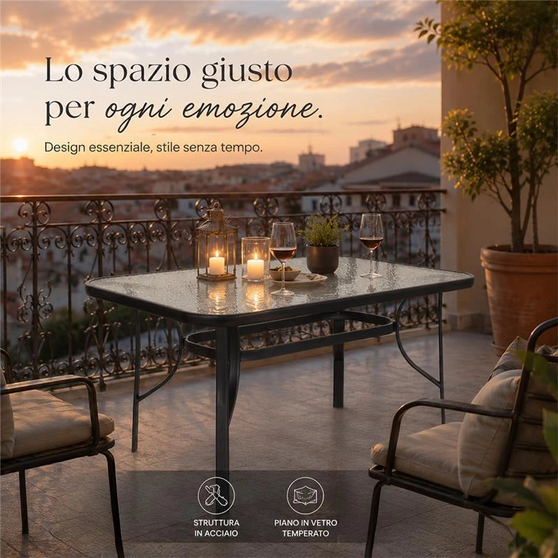 TAVOLO RETTANGOLARE DA GIARDINO CON FORO OMBRELLONE E PIANO IN VETRO - DIMENSIONI  120X70 CM