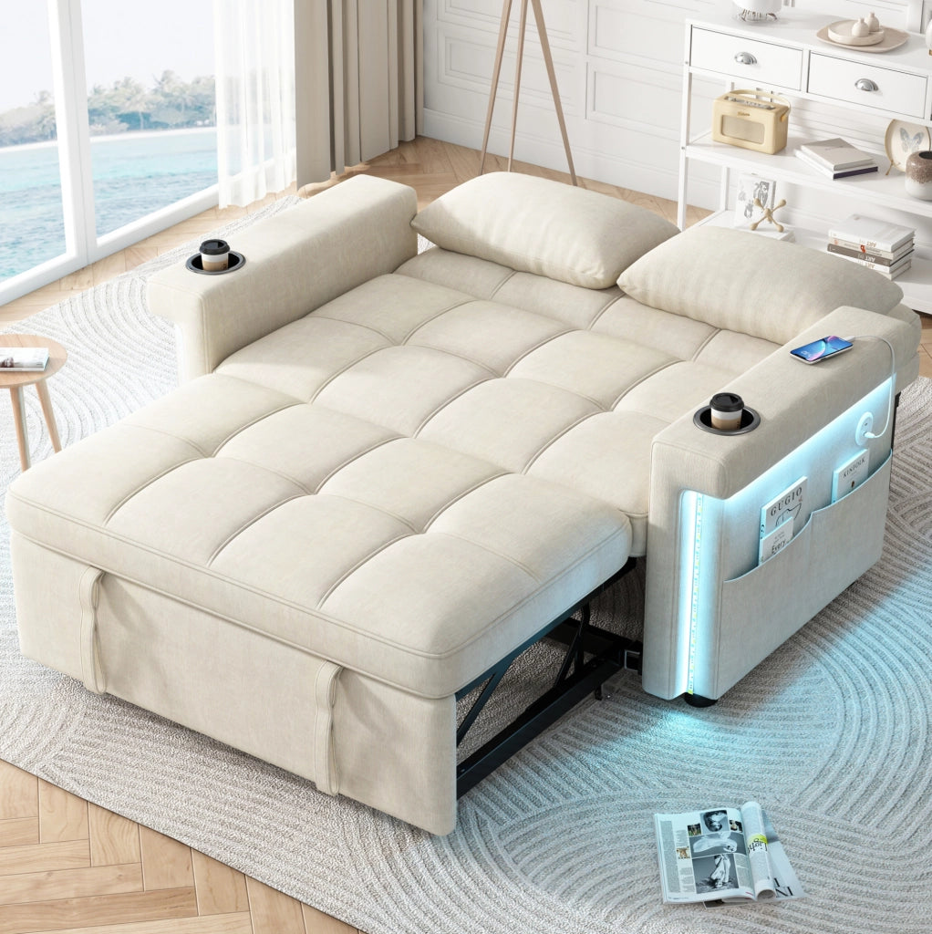 Divano letto 2 posti trasformabile con LED; USB/Type-C; schienale regolabile; chenille beige