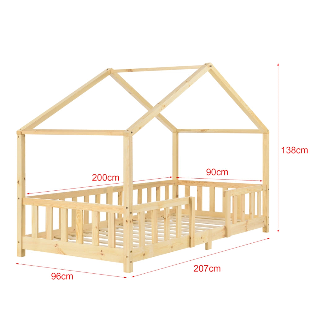 Letto per Cameretta Treviolo a Forma di Casetta 90x200 cm Legno Naturale [en.casa]