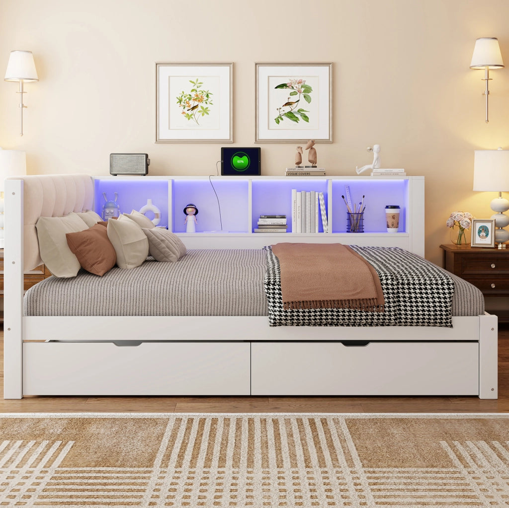 Letto daybed 140x200 cm con 2 cassetti, mensola laterale, LED dimmerabile e USB