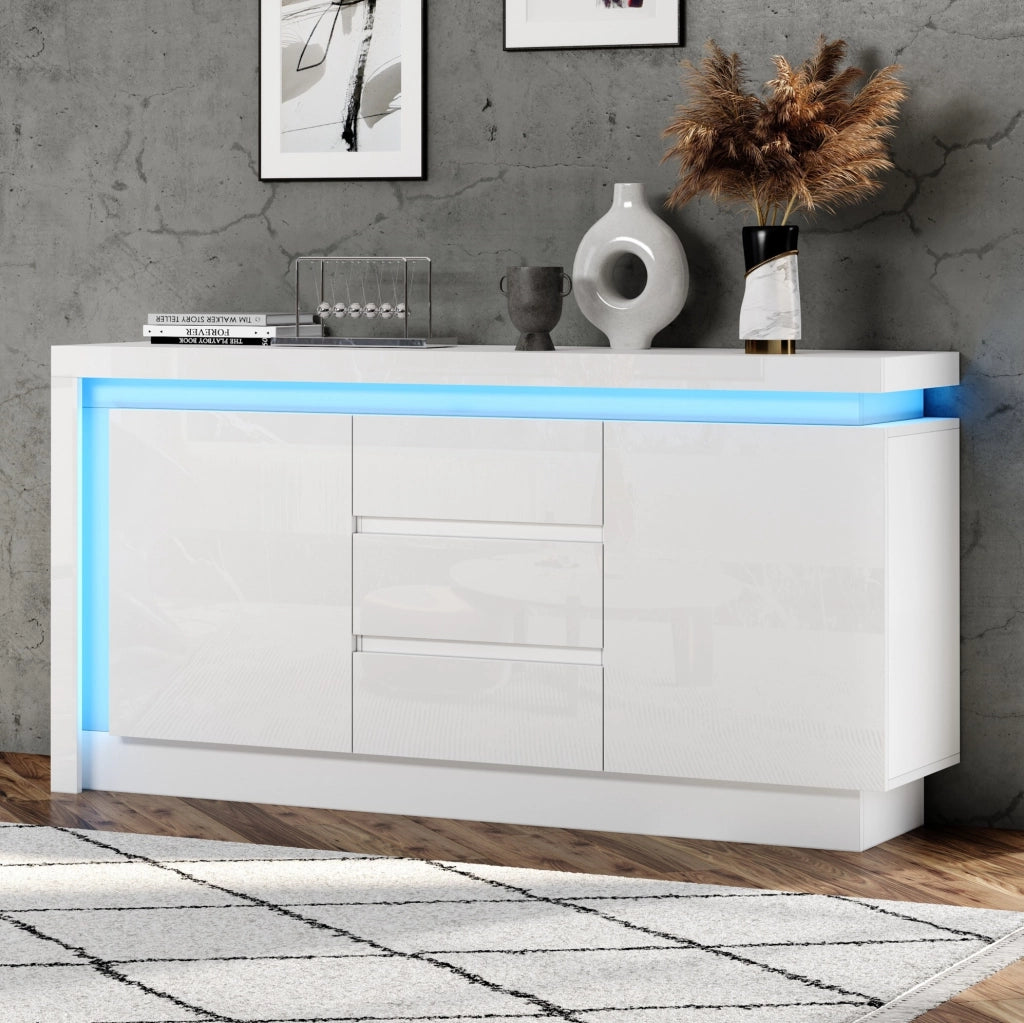 Credenza 140x35x72 cm con 3 cassetti; 2 ante e LED in truciolare bianco