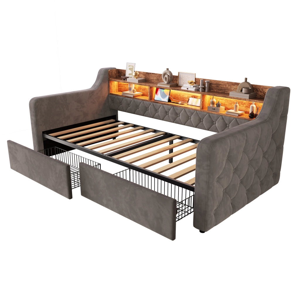 Letto singolo imbottito 90x190 cm con LED; ripiani e 2 cassetti grigio scuro