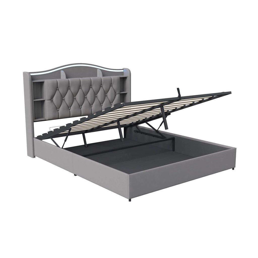 Letto matrimoniale con contenitore idraulico 140x190cm, testiera velluto grigio, luci LED RGB, ricarica USB‑wireless, scomparti porta‑oggetti
