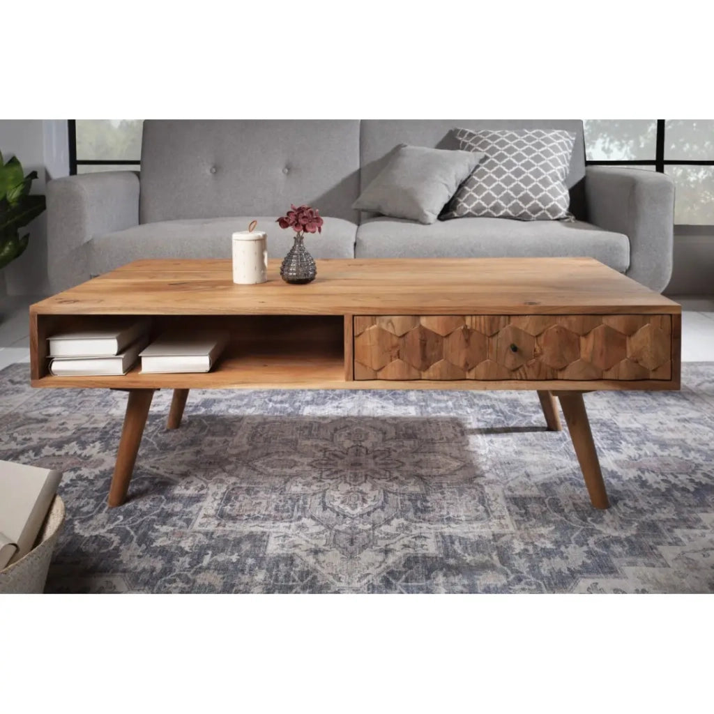 Tavolino basso SCANI 100 cm in legno di acacia massiccio verniciato stile scandinavo