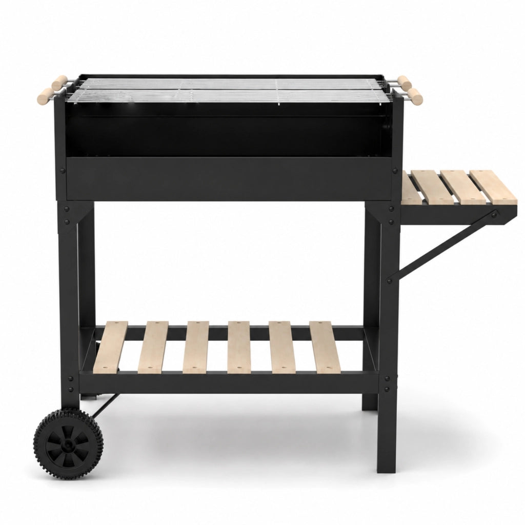 BBQ Grill A Carbonella Con Griglia Regolabile Su Diversi Livelli Piano Laterale Di Appoggio Ripiano Inferiore E Telaio In Acciaio Con Ruote Per Grigliate All Aperto 122 x 53 x 100 Cm Nero