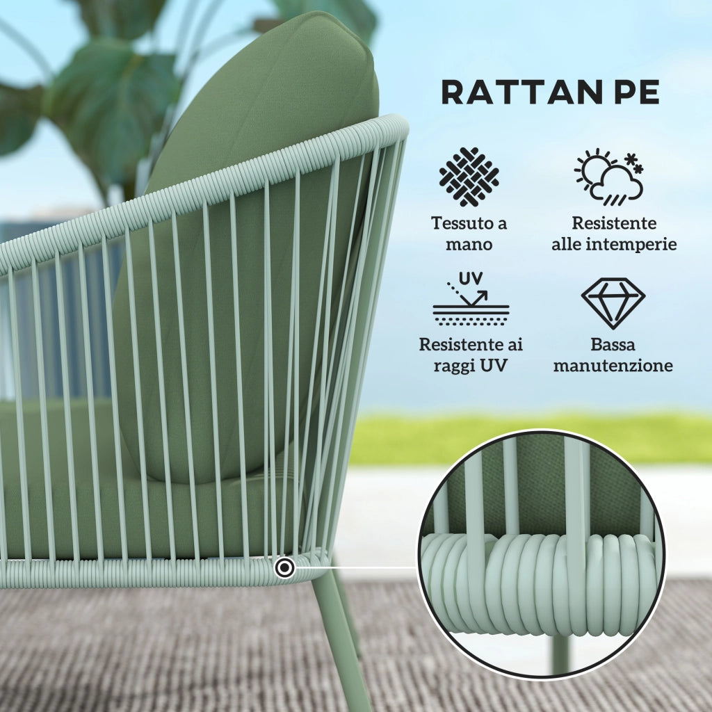 Divano da Giardino 2 Posti Stile Boho con Cuscini Sfoderabili in Rattan PE Verde