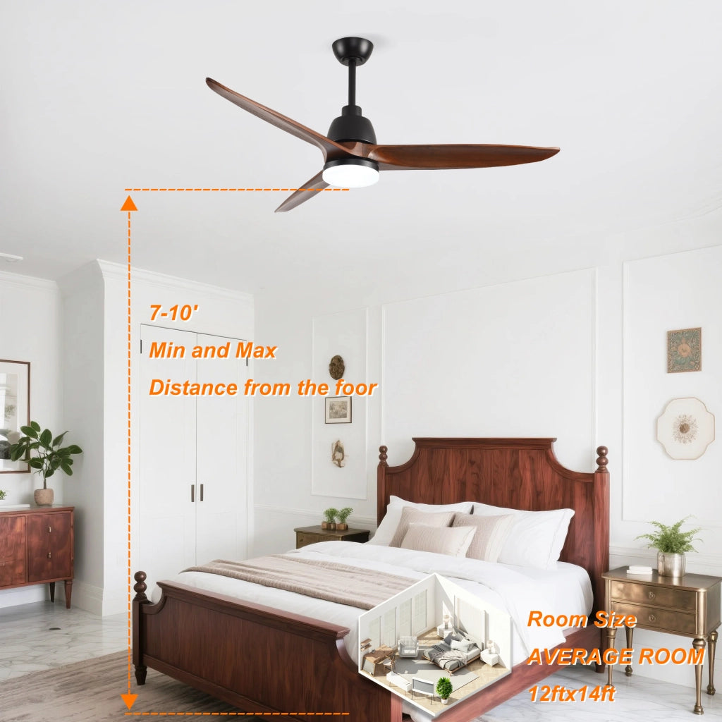 Ventilatore da soffitto 52" con luce LED a 3 tonalità; 3 pale in legno massello; nero e noce scuro