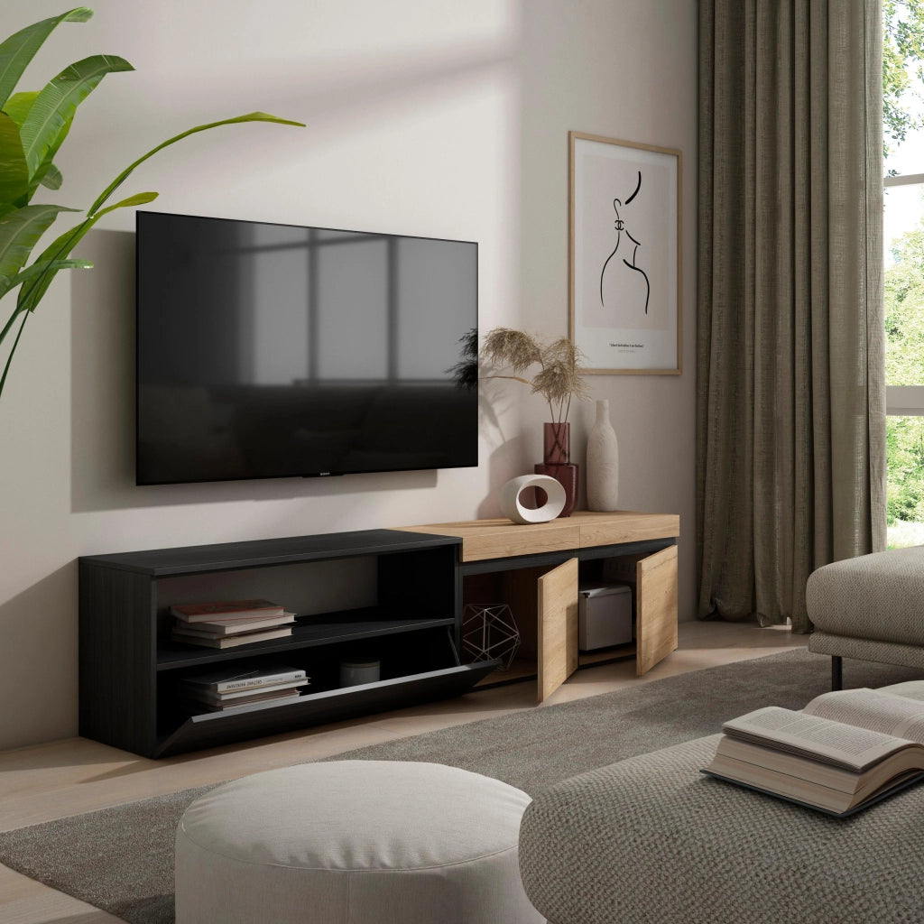 Mobile TV, 200x35x45cm, soggiorno, Per TV fino a 80", Mobile Soggiorno, colore Rovere e nero RF2250