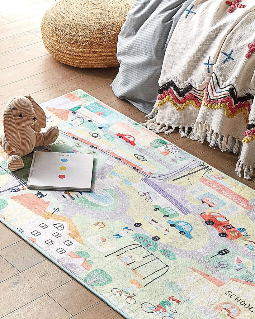 Tappeto per bambini Verde Poliestere Mappa stradale Città Stampa Tappetino da pavimento 80 x 150 cm