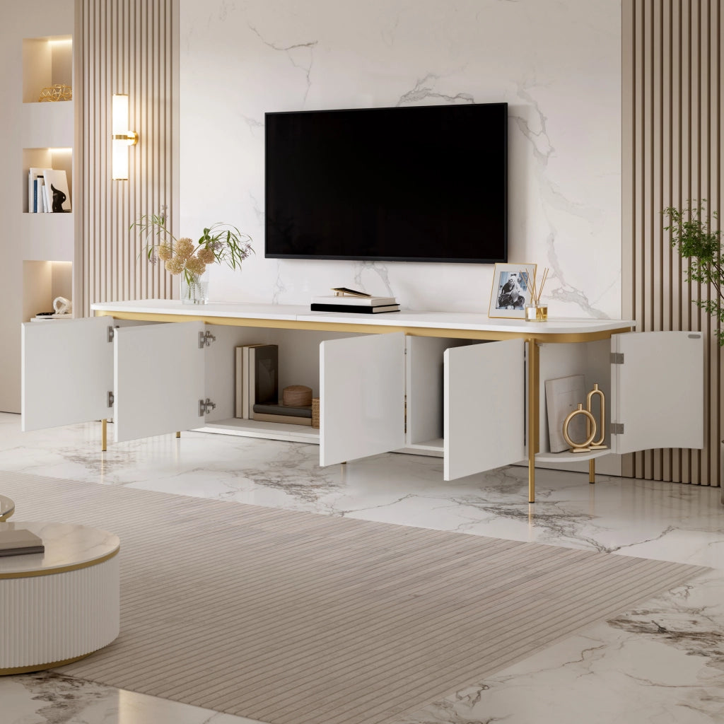 Mobile porta TV 180x38x46 cm con sei ante e passacavi in MDF bianco