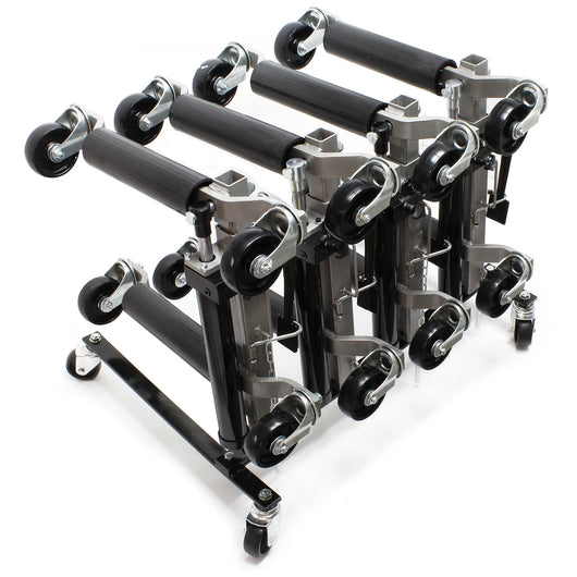 Set con supporto per 4x carrelli sposta auto e 4x carrelli di ausilio alla manovra con cric idraulico per max 680kg l'uno e gomme fino a 30cm