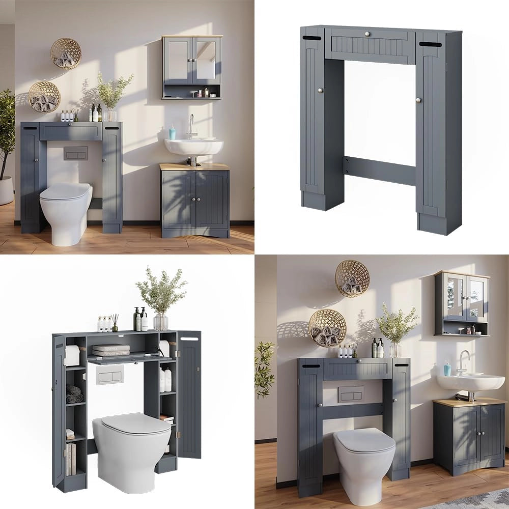 Armadietto per toilette Bianco, Grigio, 89 x 99 cm con 2 distributori di carta igienica, per montaggio a parete sopra il WC con sistema di erogazione integrato
