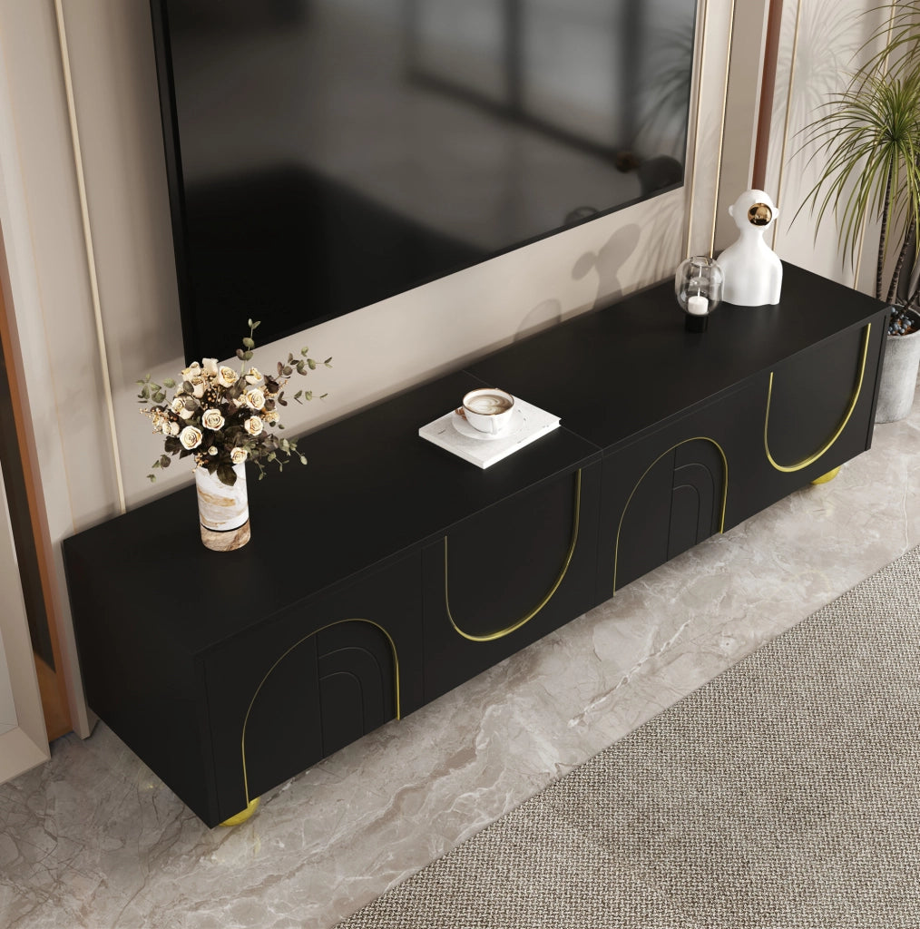 Mobile TV ULEVR 170x38x44 cm con 4 ante push-to-open e ripiani, nero e oro