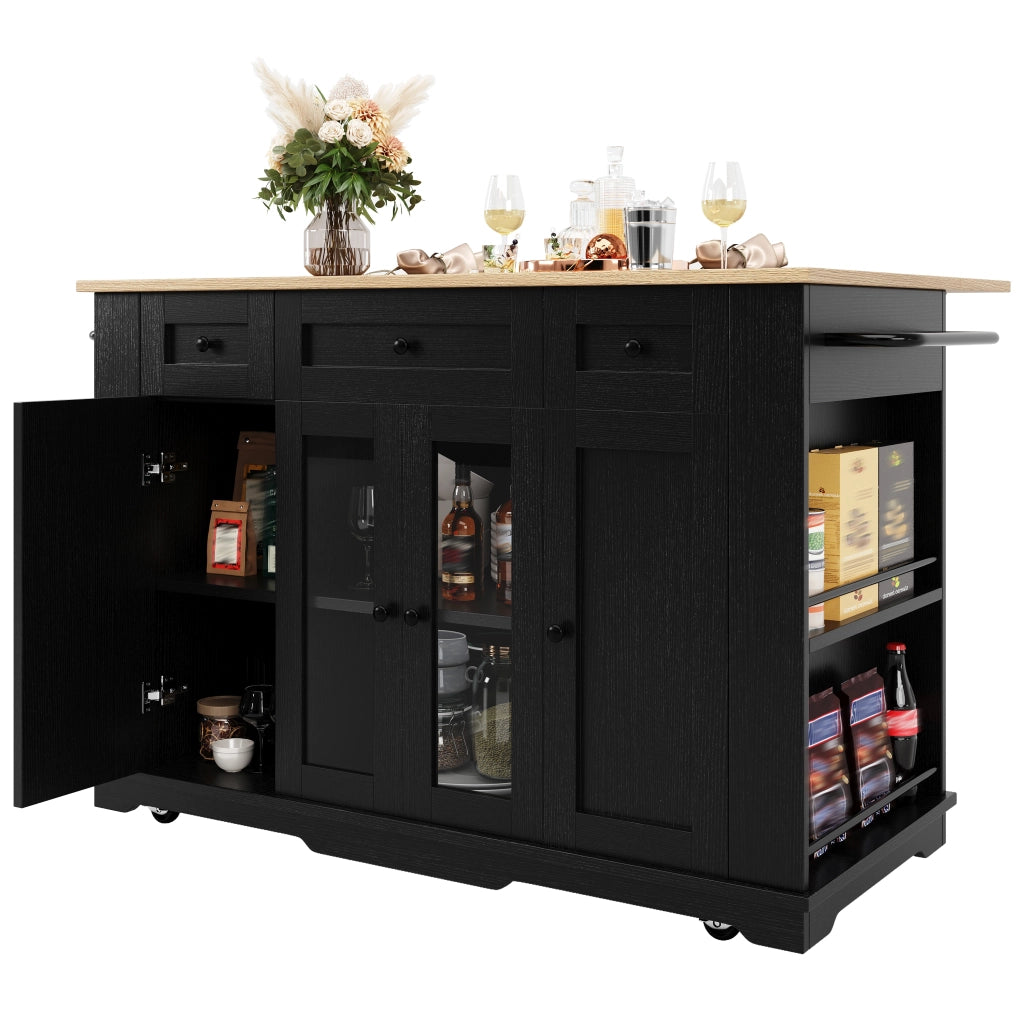 Carrello da Cucina con 1 Cassetto Piano Ribaltabile e Vani in MDF Vetro 151.5 x 60 x 91.7 cm Nero Naturale