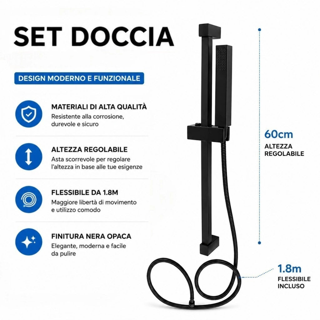 Asta Saliscendi Doccia Colonna Doccia Nero Opaco Con Doccino Quadrato 87495