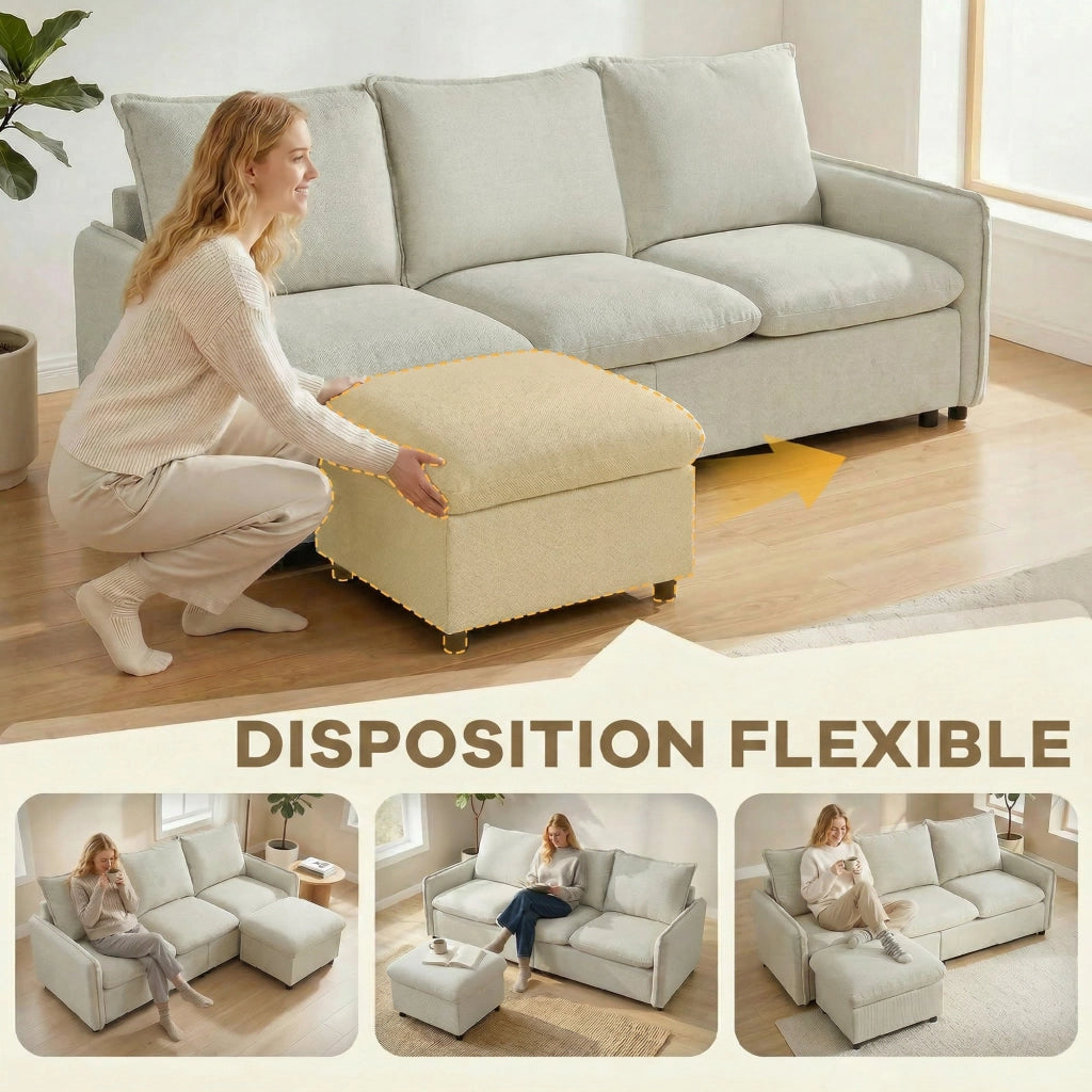 Divano Angolare 3 Posti con Pouf Contenitore ¨C Zephmum ¨C Tessuto Lino, Cr¨¨ma, 212 cm