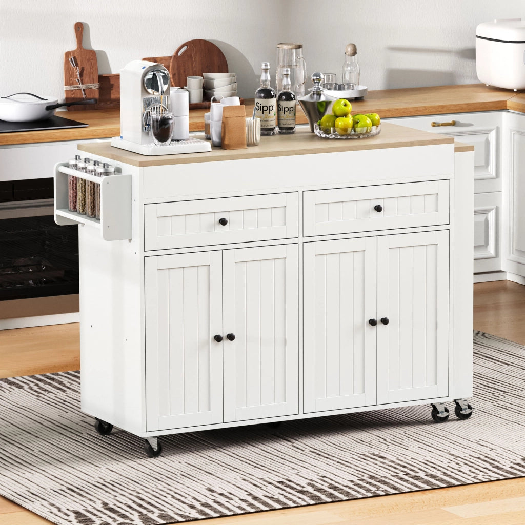 Carrello da Cucina con Cassetti e Piano Estensibile con Ruote per Cucina e Sala da Pranzo in MDF 112-180.5x45x92.2 cm Bianco e Naturale