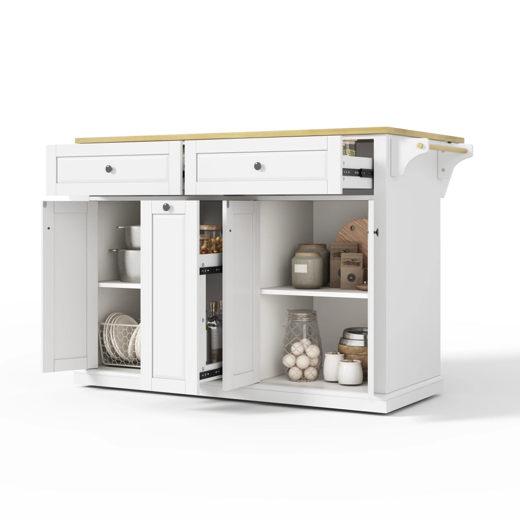 Isola da cucina con piano ribaltabile, carrello cucina in MDF, 2 cassetti grandi, ruote frenanti, 121x49(69)x89 cm